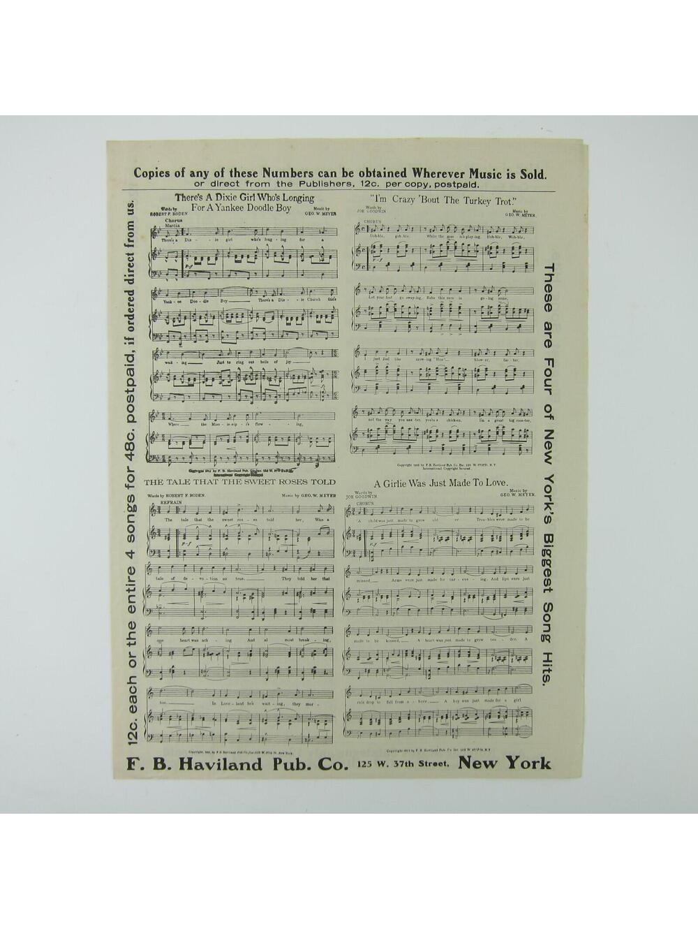 Sheet Music Sampler Catalog FB Haviland Publishing Co George Meyer Antique 1912